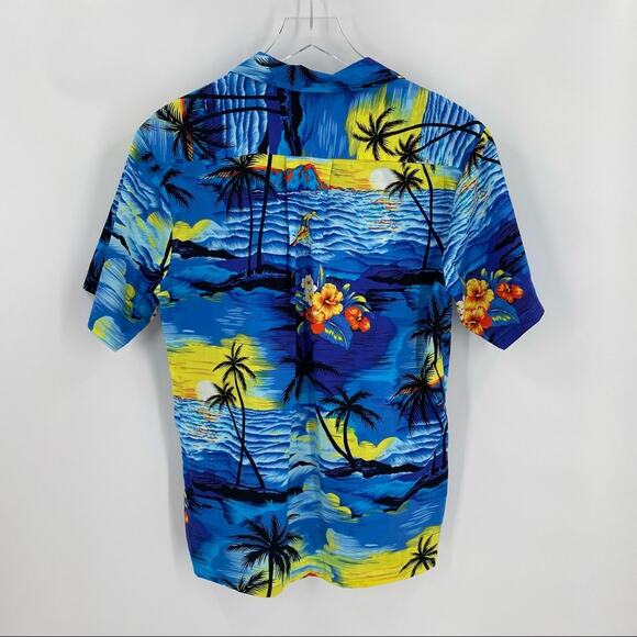 Palmwave Hawaiian shirt size small blue yellow surfer volcano palm trees - Picture 4 of 9
